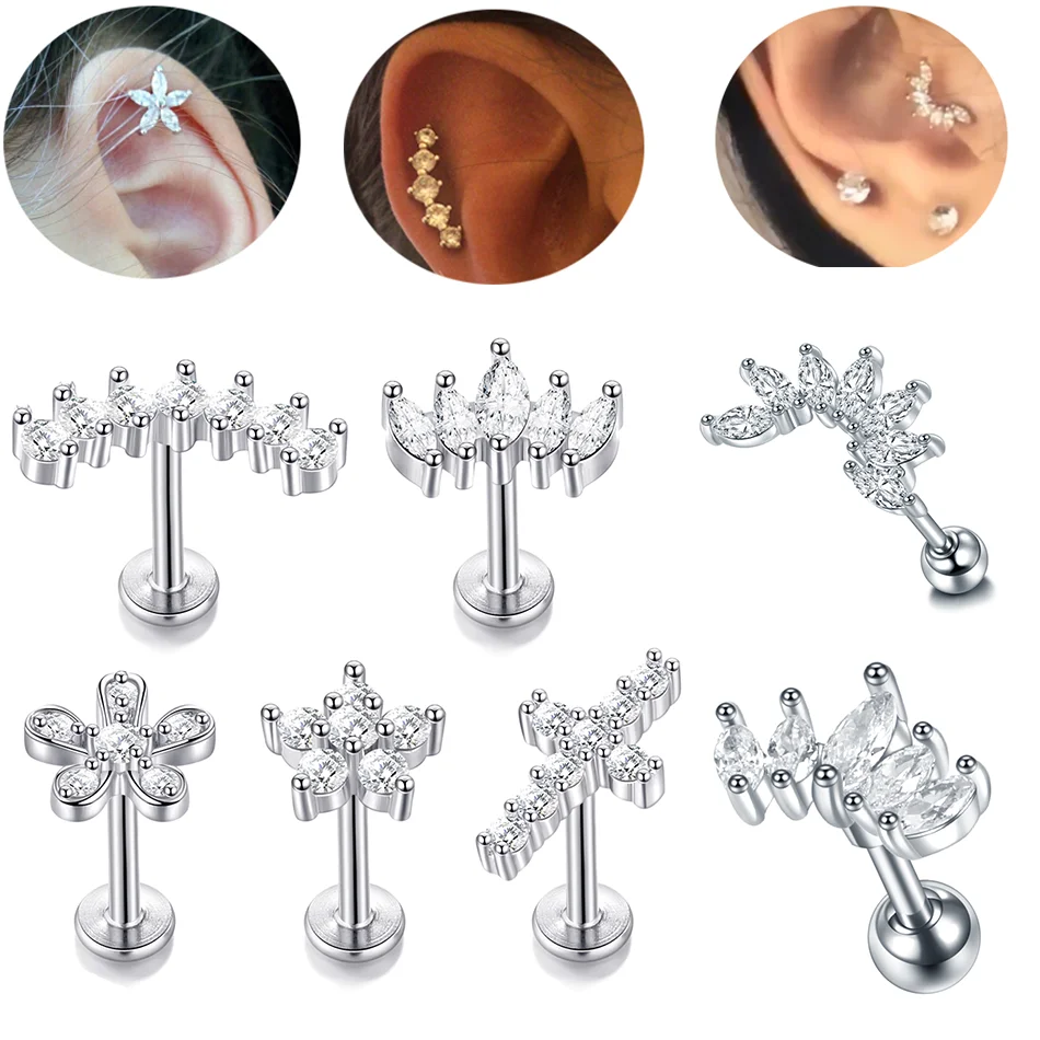 1PC Fiore di Cristallo Trago Orecchino Penetrante 16G Croce Cartilagine Penetrante perno elica Gioielli Conch torre Lobo Orecchino Labret perno