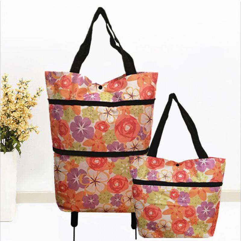 2 in 1 foldbar indkøbskurv med hjul premium oxford stof multifunktion indkøbstaske arrangør høj kapacitet: Lyserød blomst