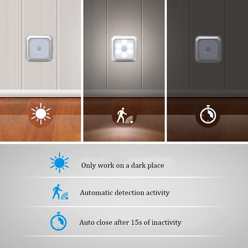 6 Led Smart Motion Sensor Led Verlichting Voor Kamer Nachtlampje Batterij Aangedreven Gangpad Verlichting Hal Pathway Wc Trappen lamp
