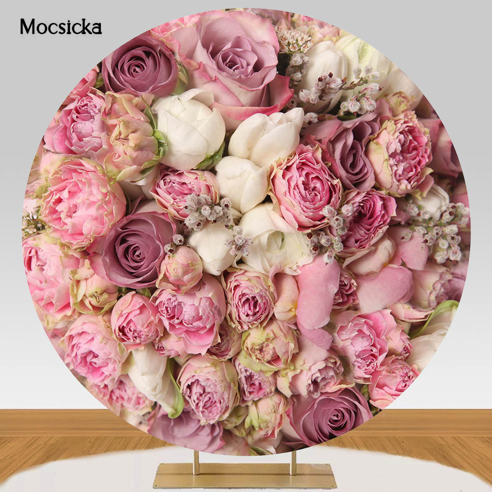 Mocsicka Round Circle Photography Backdrop Table Cover Pink Flower Wall Rose Wedding Background Decoration for Photo Studio Prop: 300*500