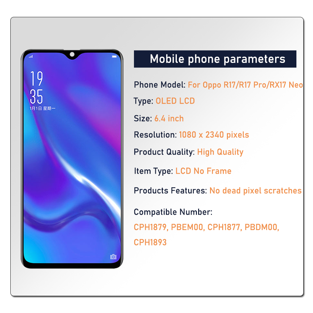 6,4-calowy wyświetlacz OLED LCD robić OPPO R17 RX17 zawodowiec (R17 zawodowiec) CPH1893 Wyświetlacz z ekranem dotykowym Digitizer robić Oppo RX17 Neo LCD CPH1893 Zamiennik