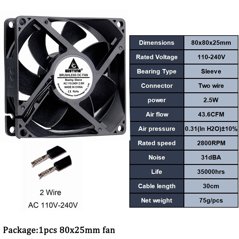 1 stuks 60mm 80mm 90m 120mm ac 110v 220v 240v 3 inch dubbele bal plastic universele koeler pc cpu ventilatoren luchtstroom voor computers: 80 x 25mm mouw