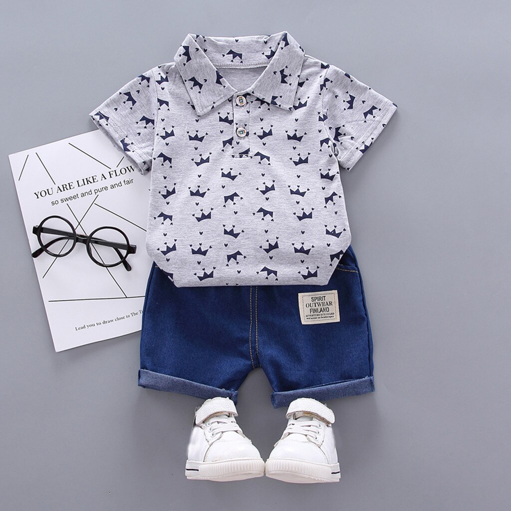 Kleding Outfits Set Peuter Kids Baby Boy Korte Mouwen Kroon Patroon Shirt Tops + Denim Broek Set vestido menina enfant fille