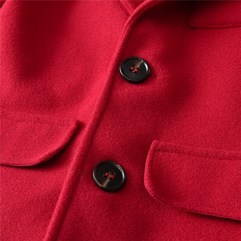 Baby dreng gentleman efterår vinter varm uldfrakke outfit v-hals solid rød farve langærmet knap topjakke outwear med lomme