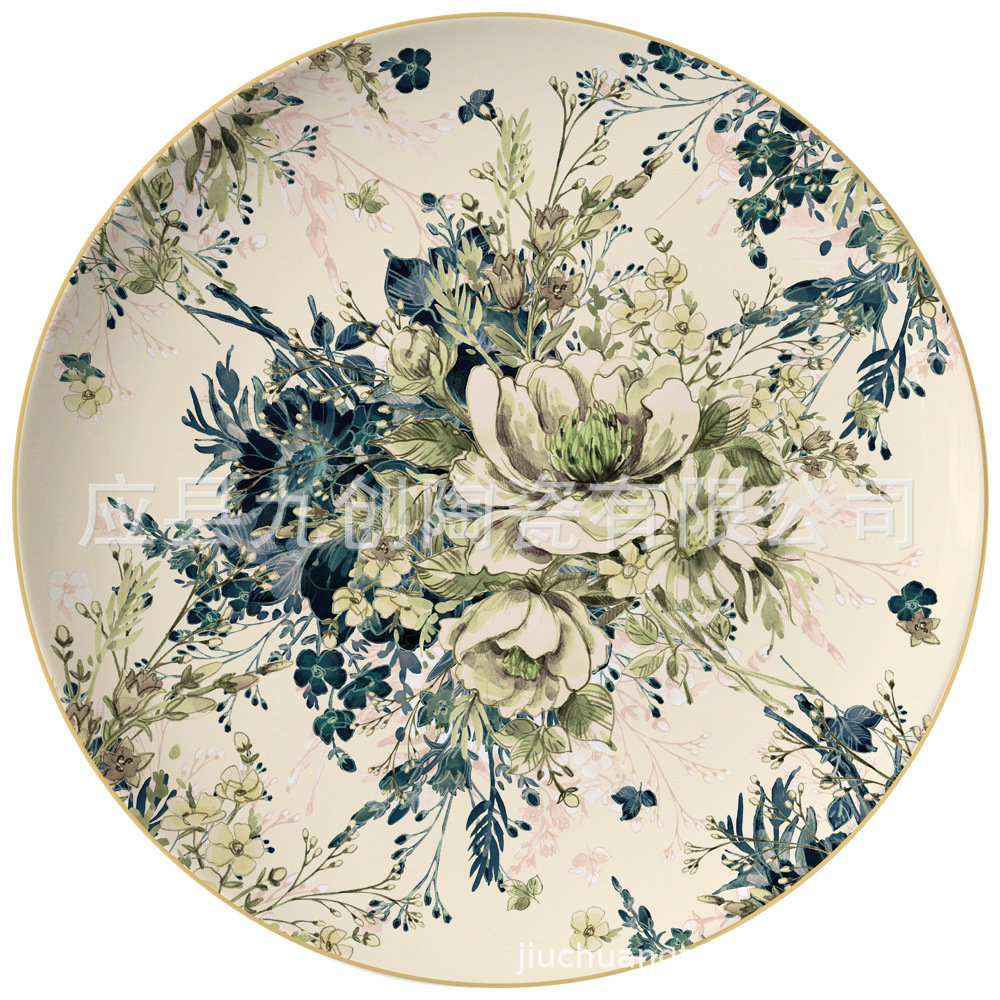 Chinese Keramische Plaat Creatieve Retro Bloem Westerse Voedsel Phnom Penh Plaat Westerse Voedsel Gebak Plaat Bestek Goud Bestek Set: 12 inches