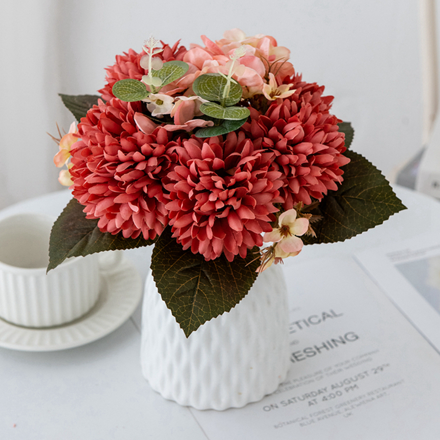 6 Takken Zijde Bolvormige Chrysanthemum Hortensia Kunstbloemen Voor Kerst Bruiloft Boeket Huisdecoratie