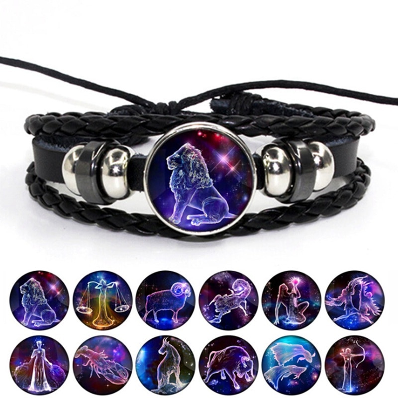 Luminosos 12 signos del zodiaco pulsera que brillan en la constelación oscura cabujón de cristal botón a presión pulseras de cuero de cumpleaños