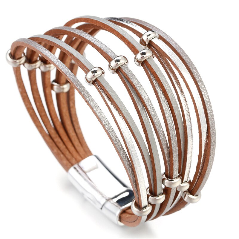 Amorcome Simple Boho Cross Net Hole Leather Bracelets for Women Crystal Metal Beads Multilayer Wide Wrap Bracelet Female Jewelry: Gray Silver