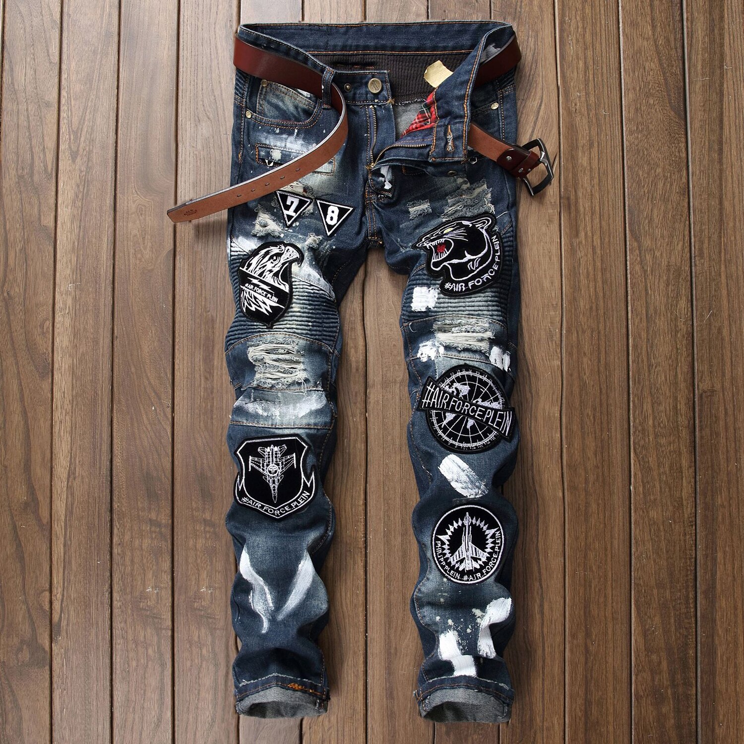 Pantalones vaqueros ajustados con parches para hombre, Jeans rasgados desgastados de motorista, Jeans de Motor con agujeros y pintados, imprescindibles para jóvenes;
