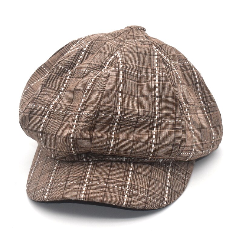 Fuodrao ottekantede hatte kvinder koreanske afslappet plaid baret hat vintage hatte gorras maler hat newboy caps  c7: Khaki