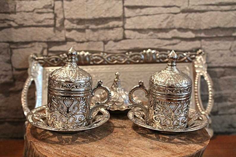 Turkish Coffee Cup Copper Handmade Authentic Coffee Espresso 1 Service, Cups Saucers Delight Candy Made in Turkey
