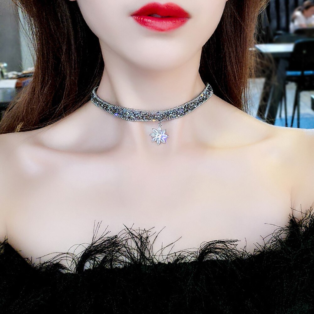Kristall Eis Blume Anhänger Halskette funkeln Einstellbare Metall Kette Frauen schick Punk Halsband Schlüsselbein Kette Hals Schmuck