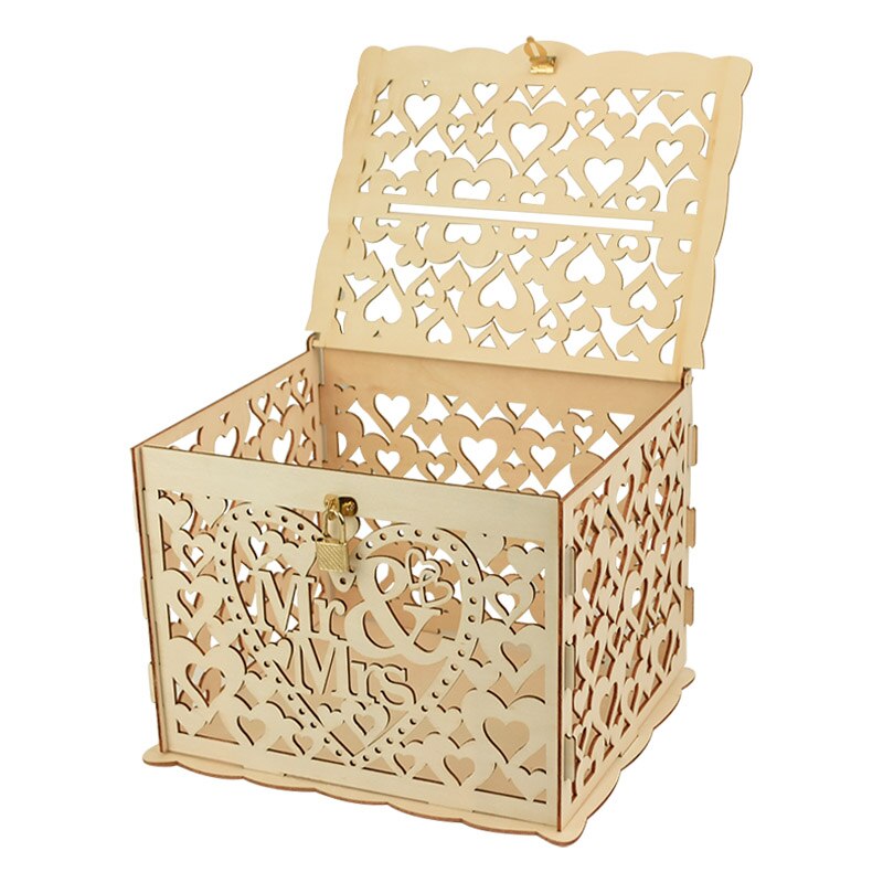Wedding Card Boxes Hollow Mr &amp; Mrs Floral Pattern Envelope Wooden Box with Lock Wedding Party Favors DIY Decoration Supplie
