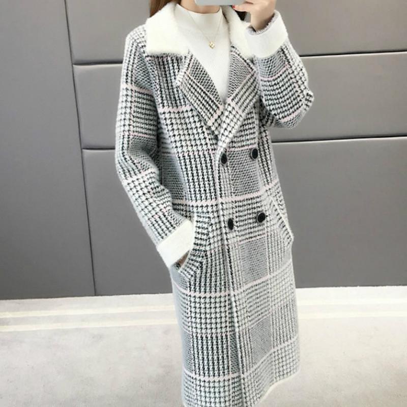 Female Casual Thickening Plaid Plus Size Mink Velvet Overcoat Winter Medium Long Double-breasted Blend Coat