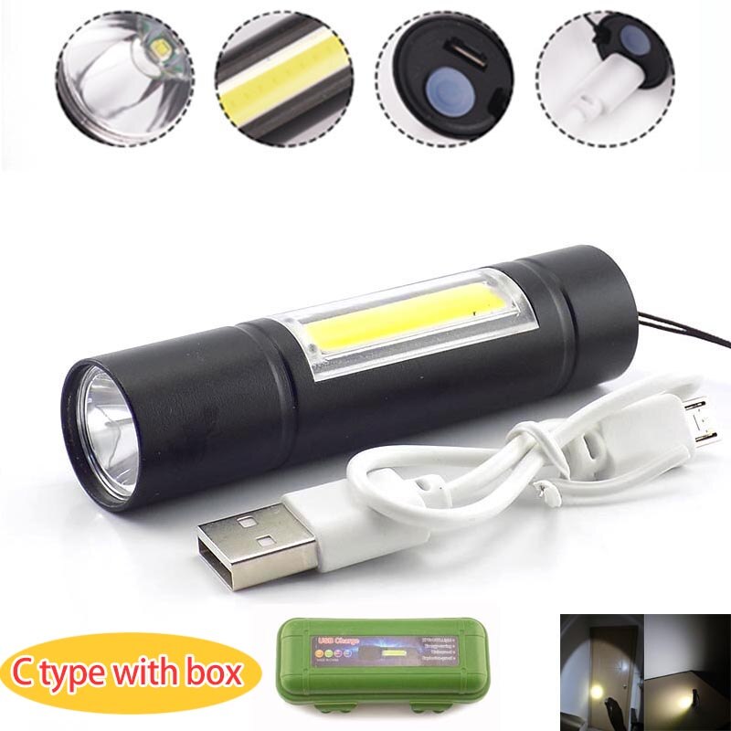 Mini potente linterna LED 2 COB Q5 USB recargable linterna trabajo flash luz linterna batería pesca linternas de camping: C wtih gift box