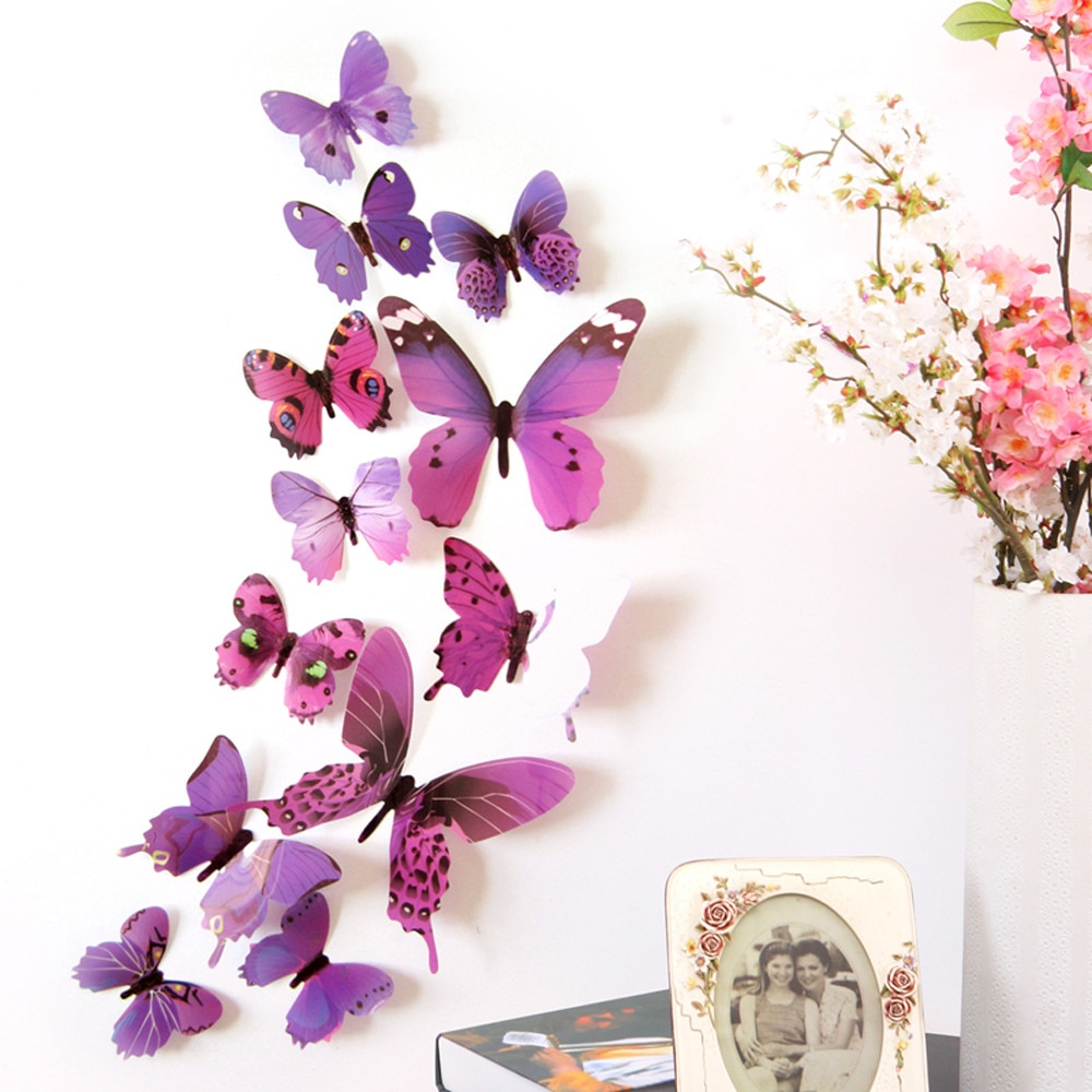 12 Stuks Decal Muurstickers Home Decoraties 3D Vlinder Regenboog Roze