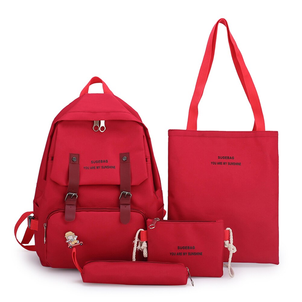 4 pçs/set mulheres mochilas de lona estudante universitário moda letras adolescente meninas mochila ombro crossbody saco: Red