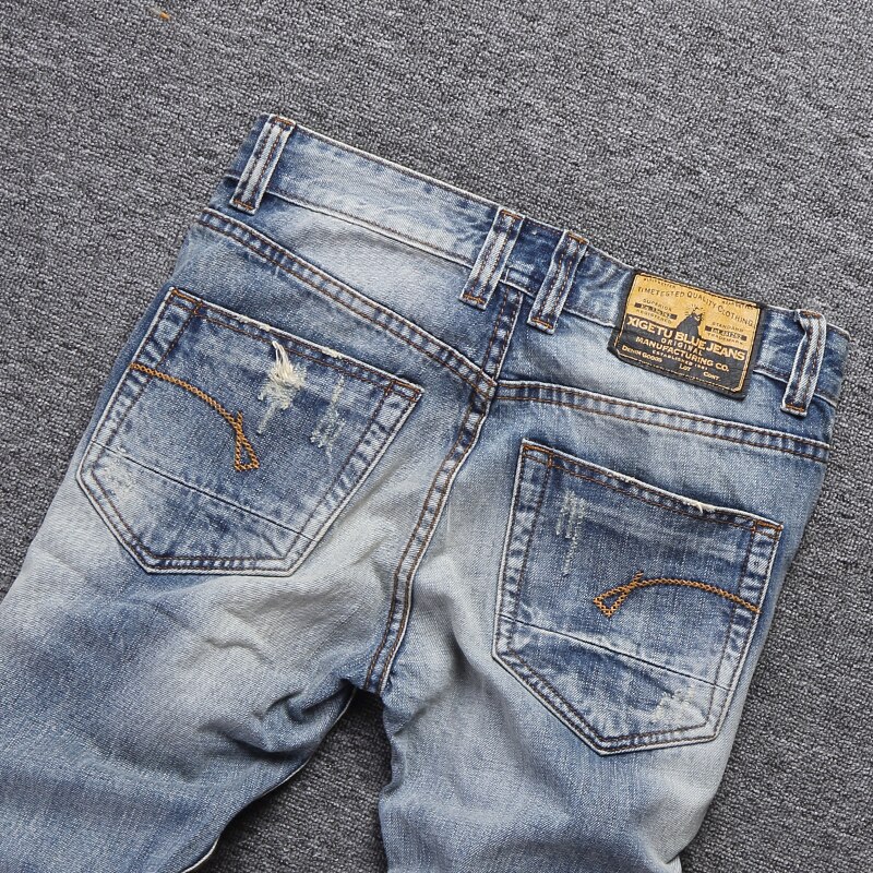 Streetwear heren jeans lichtblauw slim fit destroyed ripped jeans voor heren borduurwerk patch vintage klassieke jeans