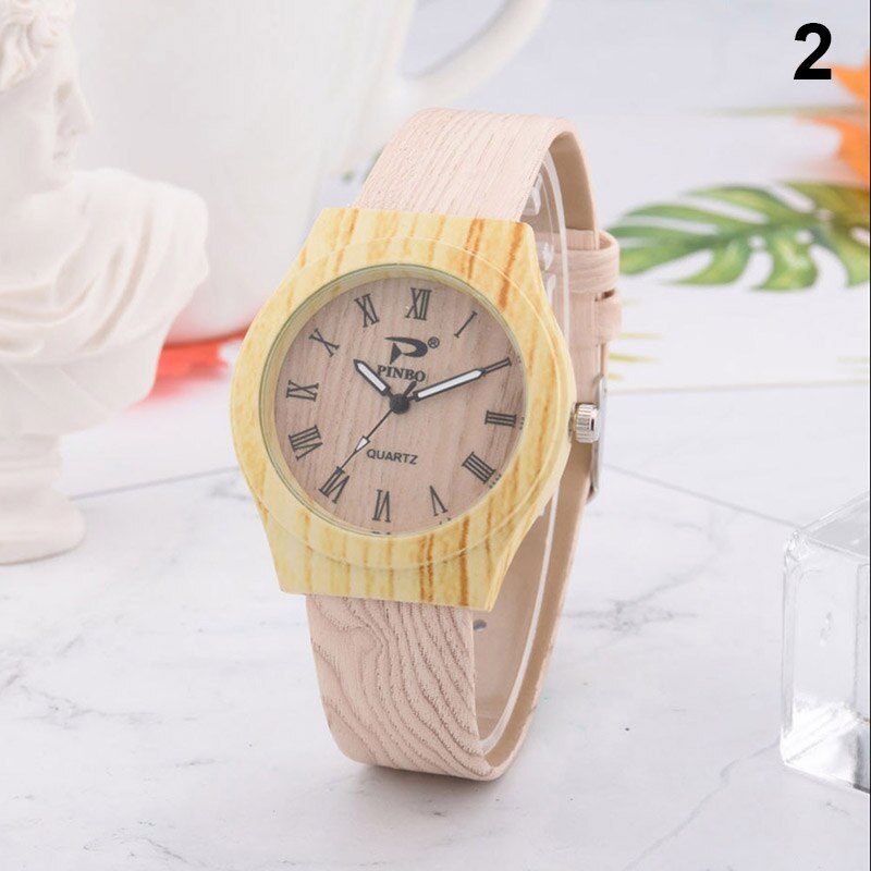 Mannen Vrouwen Quartz Horloge Pu Leer Hout Patroon Horloge Student Sport Casual Horloges NOV99: Color 2