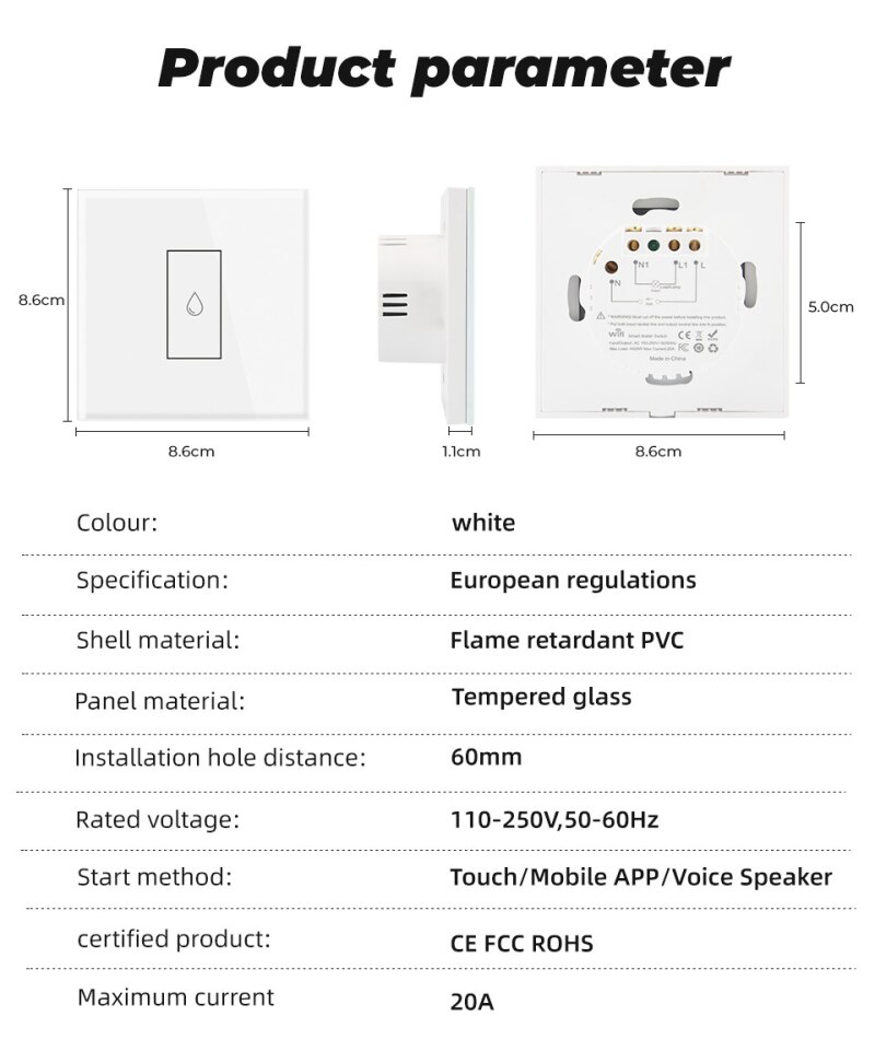 WiFi Boiler Water Heater Switch 4400W Tuya Smart Life App Remote Control ON OFF Timer Voice Control Google Home Alexa