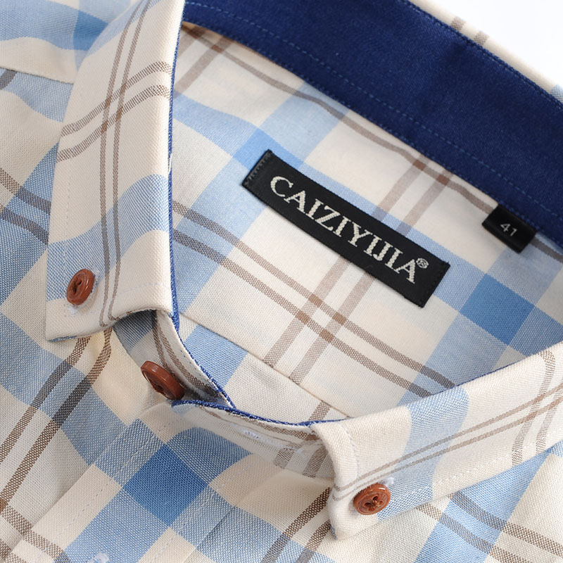 Men&#39;s 100% Cotton Long Sleeve Contrast Plaid Checkered Shirt Pocket-less Casual Standard-fit Button Down Gingham Shirts