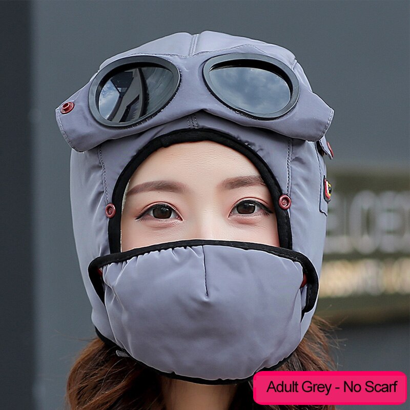 Warm Winter Wind Stopper Face Hats Outdoor Ski Masks Bike Cyling Beanies waterproof hood hat with glasses cool balaclava: Adult Grey