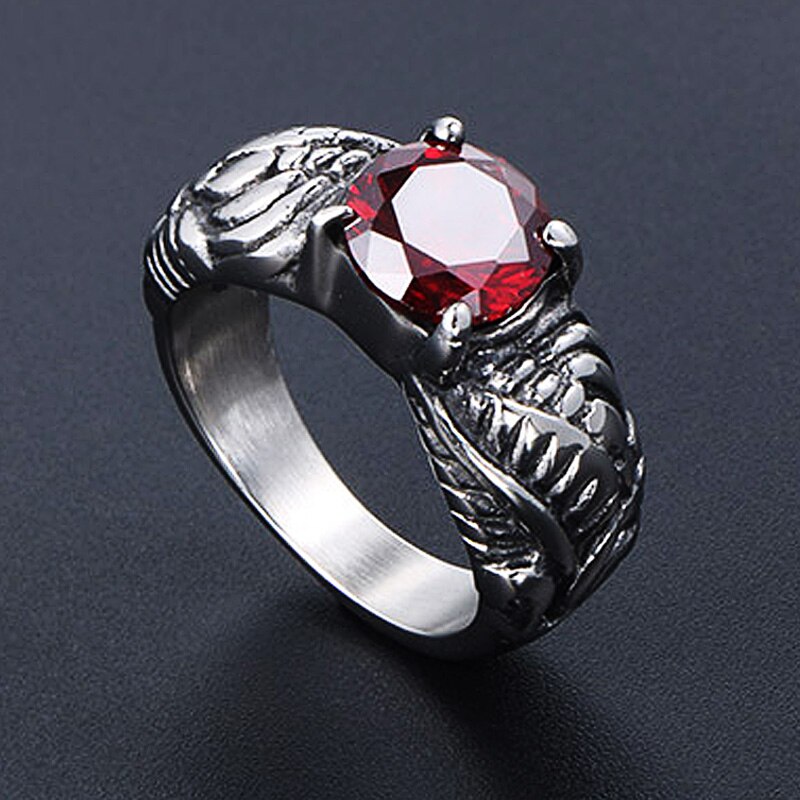 Classic Stainless Steel Red Stone Ring Vintage Silver Color Sculpture Pattern Rings for Women Men Punk Style Jewelry