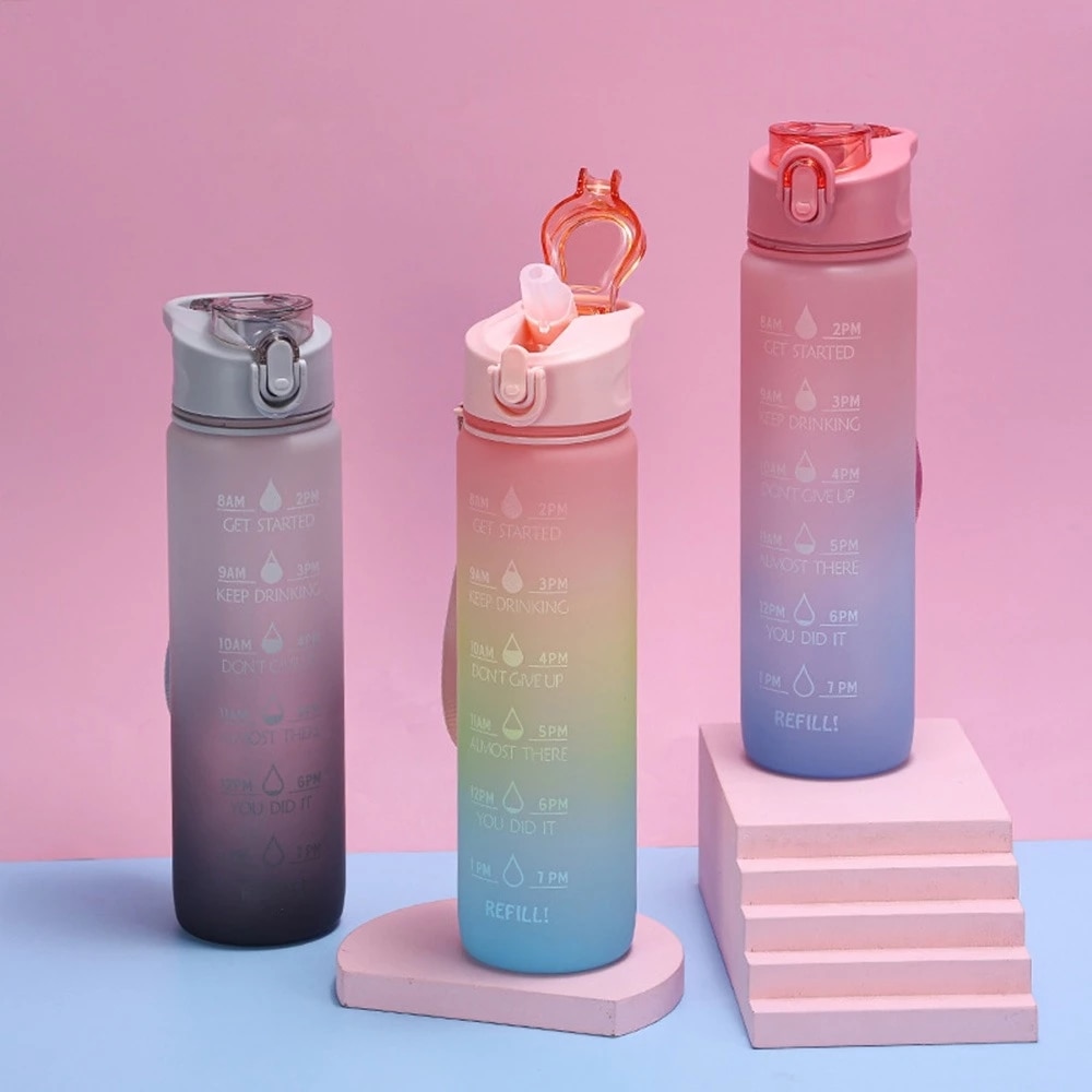 1L Sport Water Fles Met Stro Outdoor Sport Fitness Draagbare Lekvrij Cup Water Kruik Met Tijd Marker Waterbottle