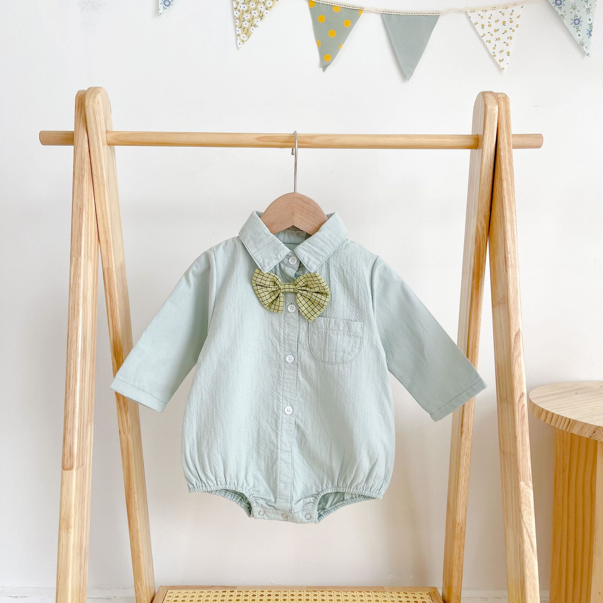 9251 Baby Bow Tie Shirt body orso coreano stampato Baby Boy abiti monopezzo autunno 2021 100 giorni abiti abiti da arrampicata: green / 66cm