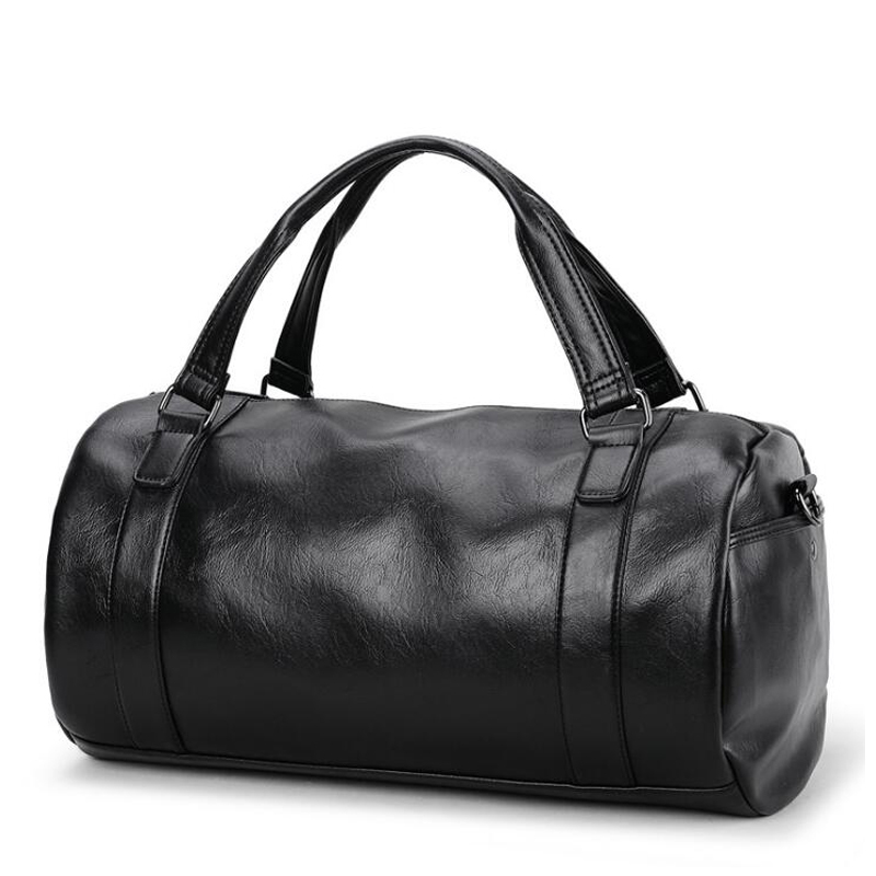 Men Travel Duffle Bag PU Leather Men&#39;s Travel Bags Black Shoulder Handbag Round Bucket Shape Messenger Bag Tote JXY814