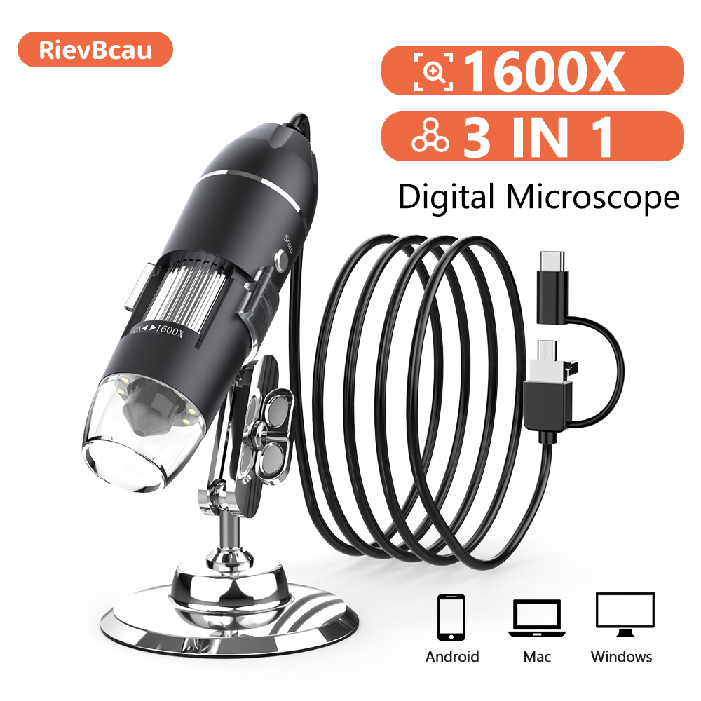 RIEVBCAU 1600X Microscope numérique 3in1 Type C USB Microscope électronique avec 8 LED Endoscope Zoom caméra loupe