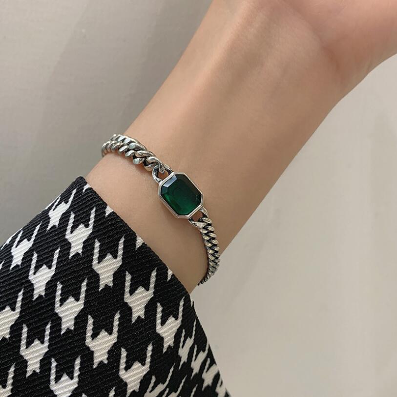 925 Sterling Silver Ins Retro Geometric Green Crystal Bracelet For Women Couple Trendy Birthday Party fine Jewelry