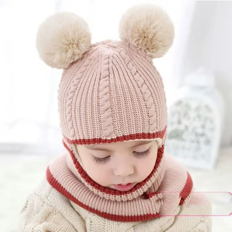 Kid Beanies Cap Scarf Set Kid Plush Ball Baby Girls Scarf Set Winter Warm Caps For Boys Girls 2-6 years old: K