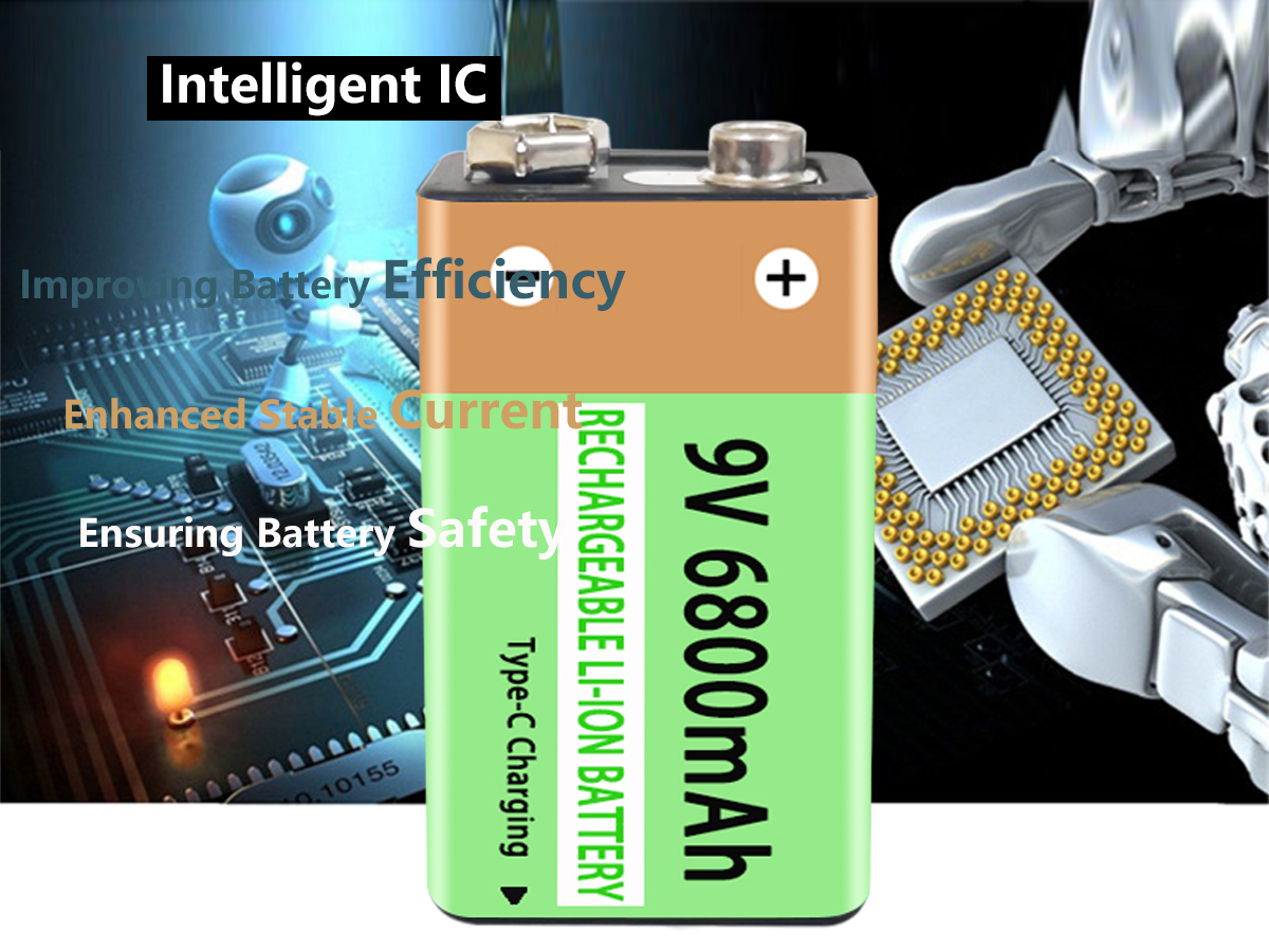 Long-Lasting 9V Rechargeable Battery 6800mAh Type-C Fast Charge Battery for Multimeter, Guitar Pedal, Microphone, Smoke Detector