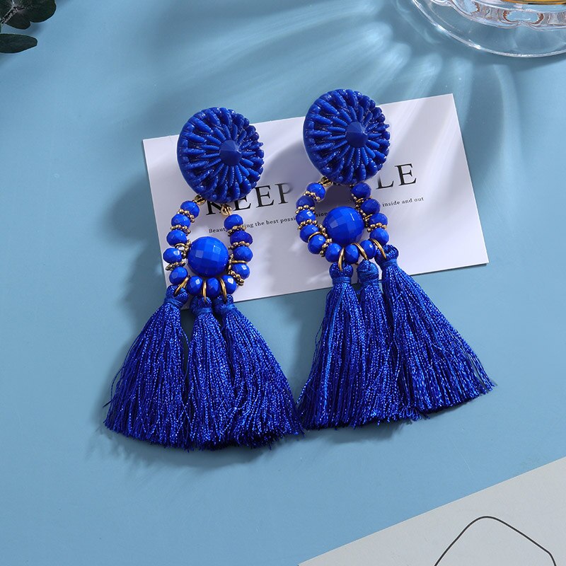 Bohemian Tassel Earrings for Women Cotton Silk Fabric Long Fringe Dangle Earrings Party Female Jewelry: Blue 8
