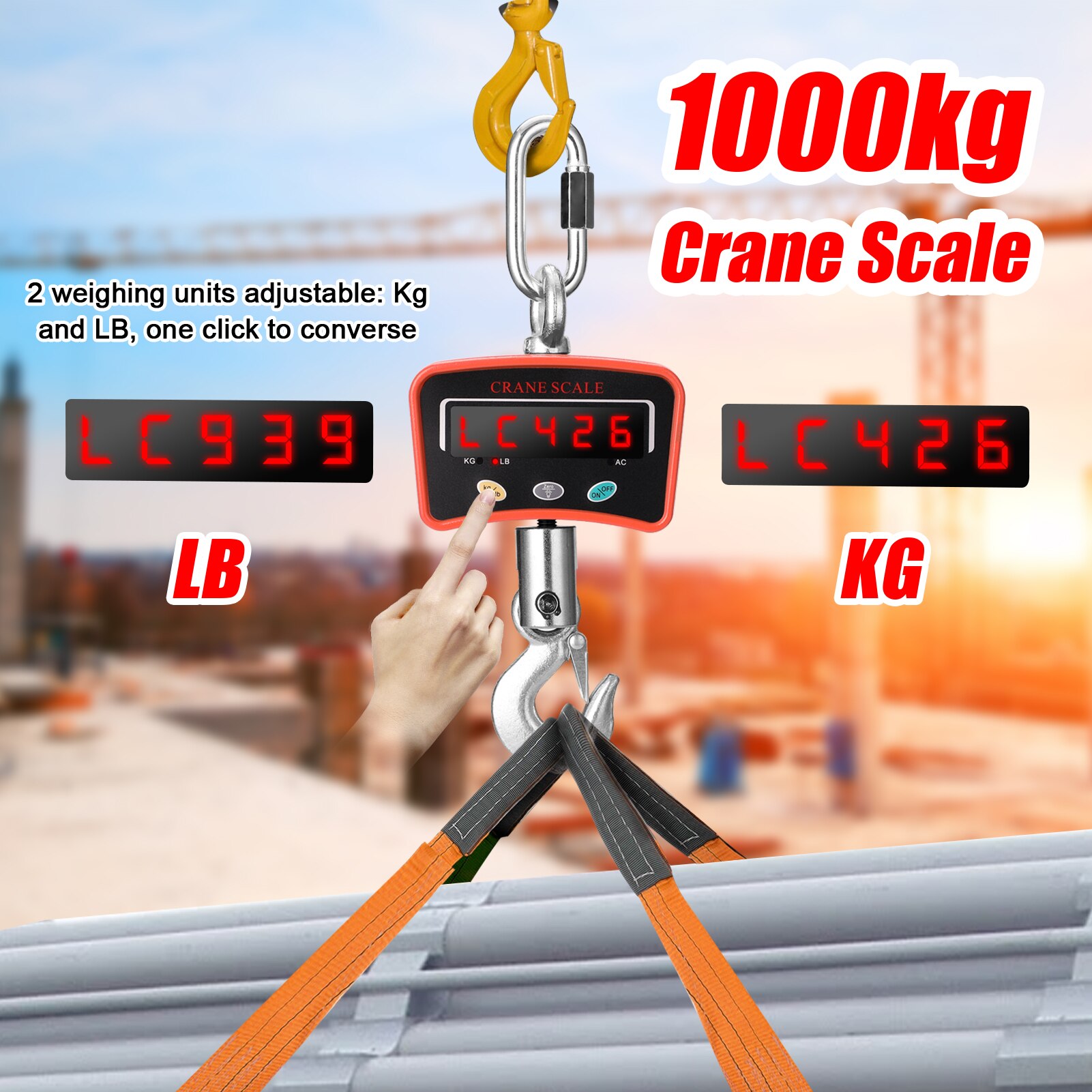 Mini LCD Digital 1000kg Crane Scale Portable Industrial Electronic Heavy Duty Weight Hook-Hanging Scale Crane Scale 3 Colors