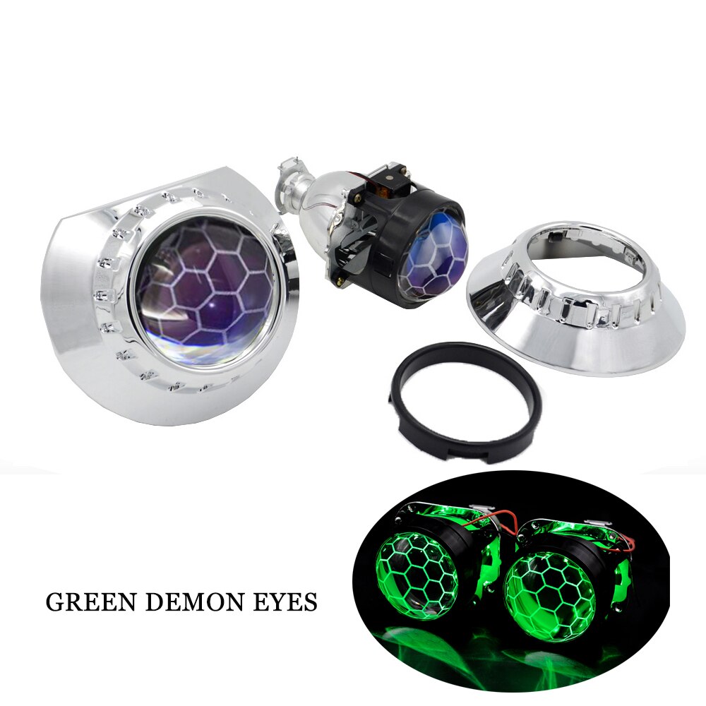 YUFANYA 2,5 Zoll Bi Xenon Projektor Blau Beschichtung Waben Objektiv 3,0 Silber Maske passen H4 H7 Auto Motorrad Scheinwerfer Montage Bausatz: Grün Dämon Augen