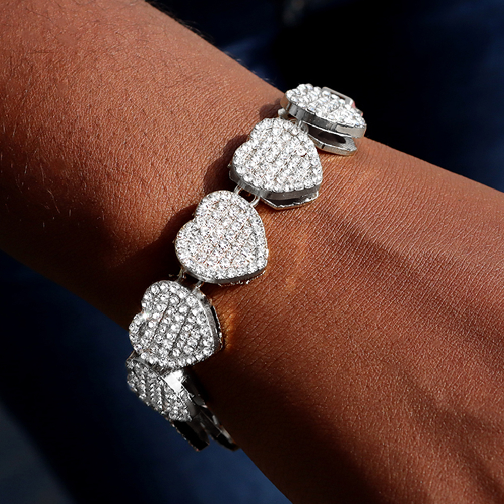 Crystal Heart Cuban Link Ketting Armband Voor Vrouwen Full Strass Hiphop Luxe Bling Chunky Armband Bruiloft Sieraden Cadeau