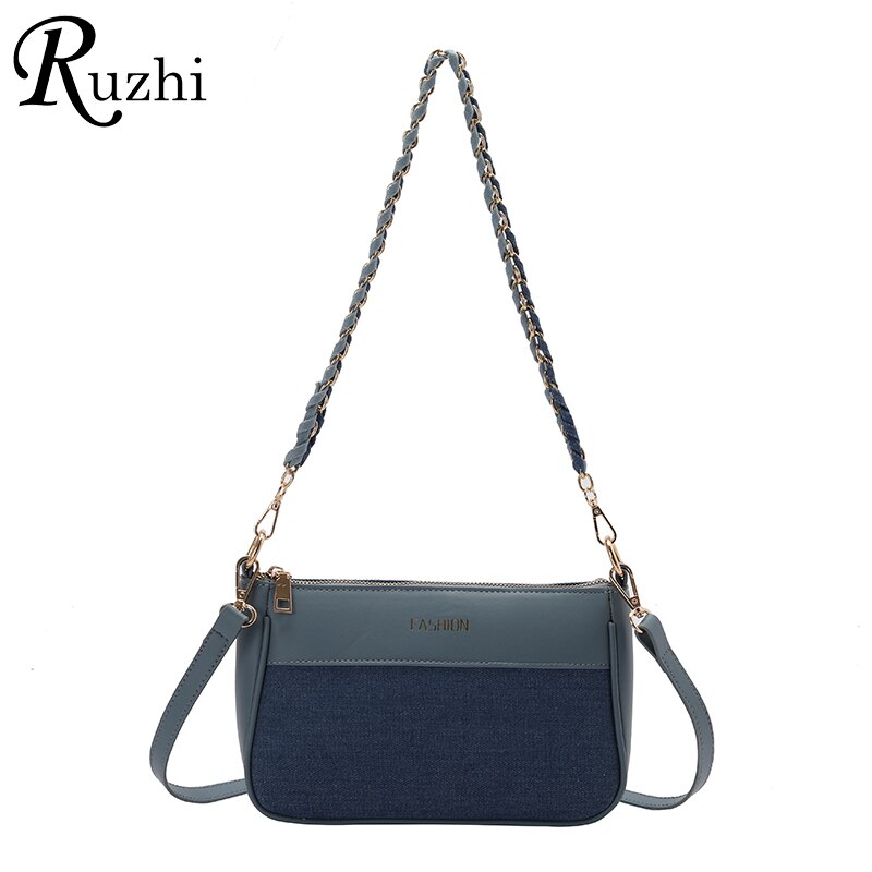 Patchwork Jean Vrouwen Tas Denim Handtas Zachte Pu Lederen Ketting Schoudertassen Panelled Twee Schouderbanden Crossbody tas: Dark Blue