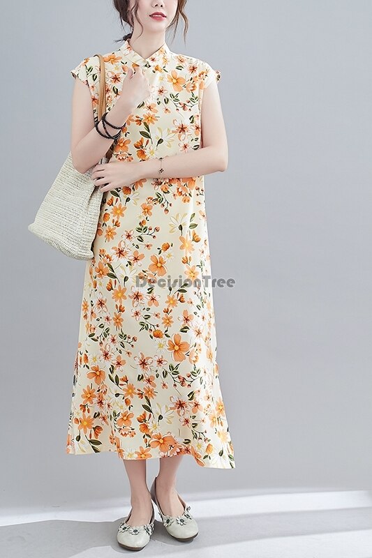 Vrouwen Dagelijks Qipao Linnen Cheongsam Bloem Print Moden Dagelijks Qipao Jurk Elegante Partij Dans Kostuum Cheongsam Jurk