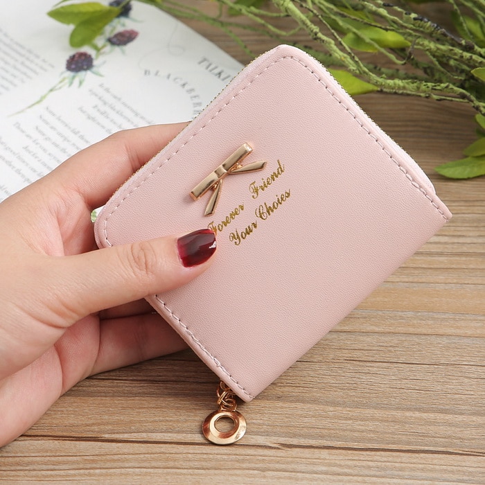 Cartera informal de con lazo y cremallera para mujer, funda para tarjetas de crédito y documentos de identidad XB228: Pink