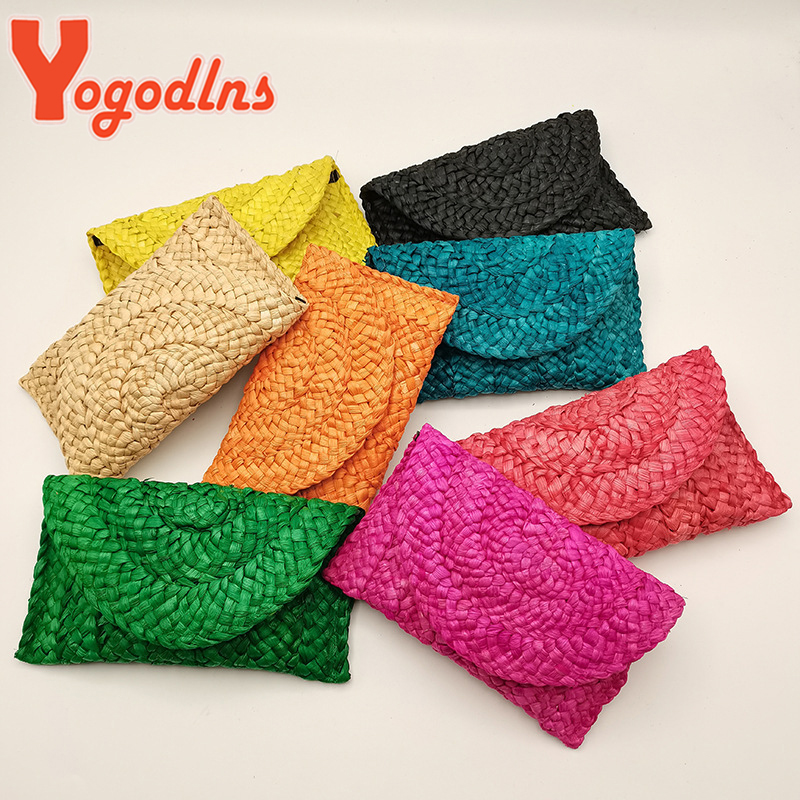 Yogodlns bolso de mano tejido de cáscara de maíz para cena, bolso grande de paja Simple a la para mujer, cartera informal de verano para vacaciones para mujer