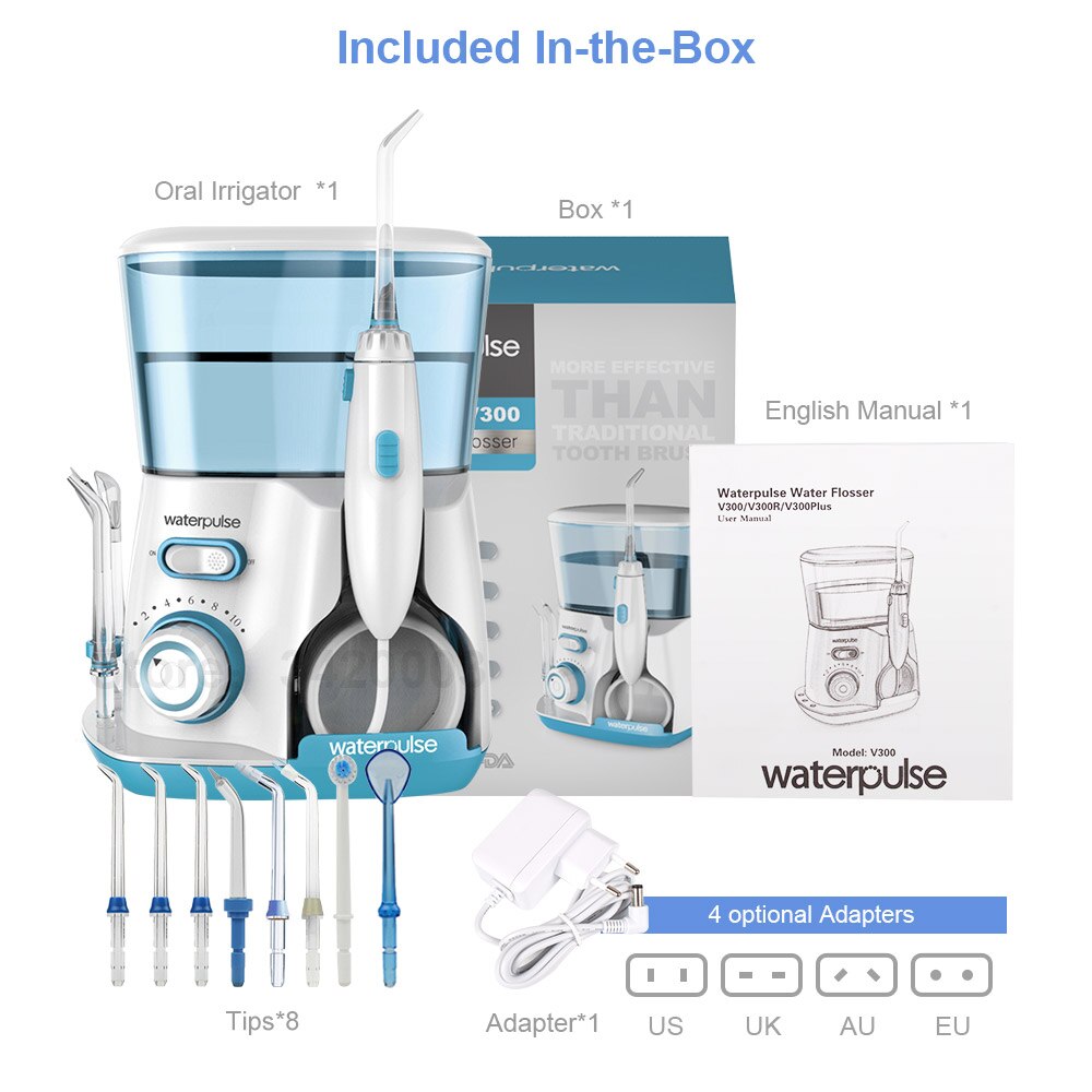 Waterpulse-hydropulseur, fil pour les dents et la bouche, soins buccaux, 8 embouts, 800ml, V300