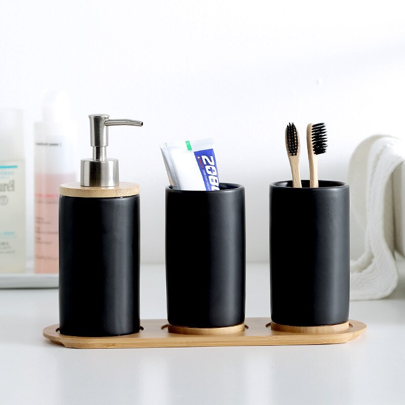 Ceramic Bamboo Bathroom Tumblers Mouth Cup Toothpaste Toothbrush Holder Soap Dispenser Kitchen Dishwashing Liquid Container