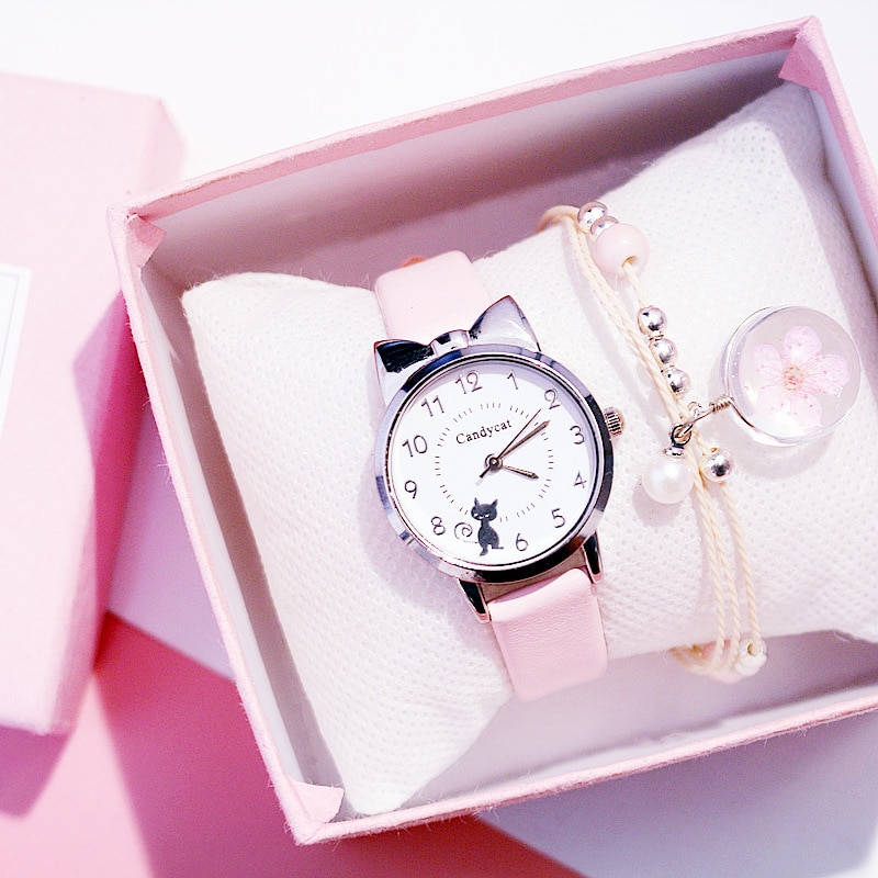 Miss chat noir montre à Quartz femmes bracelet en cuir décontracté montres filles mignon chat cadran forme rose montre-bracelet