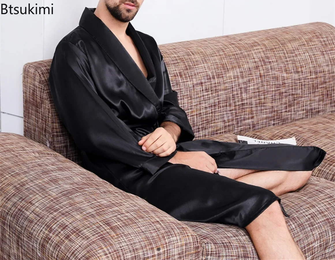 2025 pijamas finos de verano para hombre, batas de casa para hombre, albornoz tipo kimono de manga larga, ropa de dormir de satén de seda negra, ropa de dormir para salón para hombre
