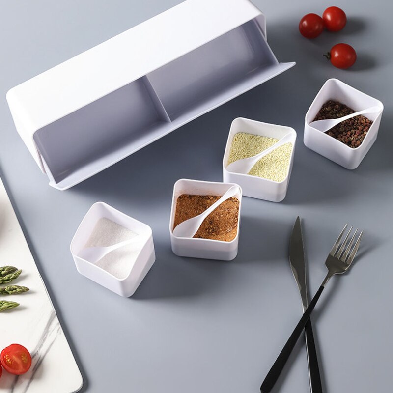 4 Squares Salt Box Spices Box Set Seasoning Container Case With Spoon Waterproof Space-saving Salt Organizer Kitchen Utensils