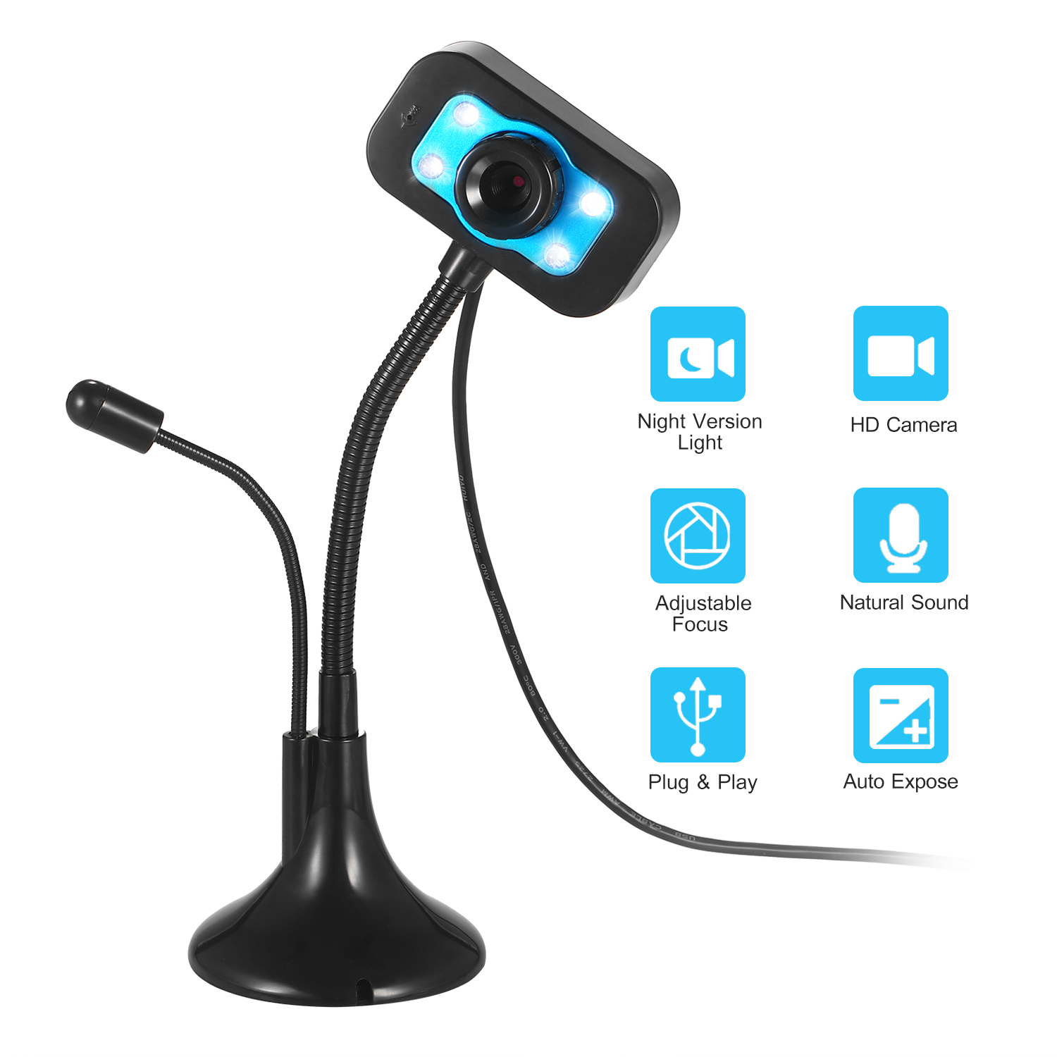 HD Webcam USB Desktop Laptop Camera Video Calling Computer Camera with Mic Night Version LED Light Flexible Rotatable stander