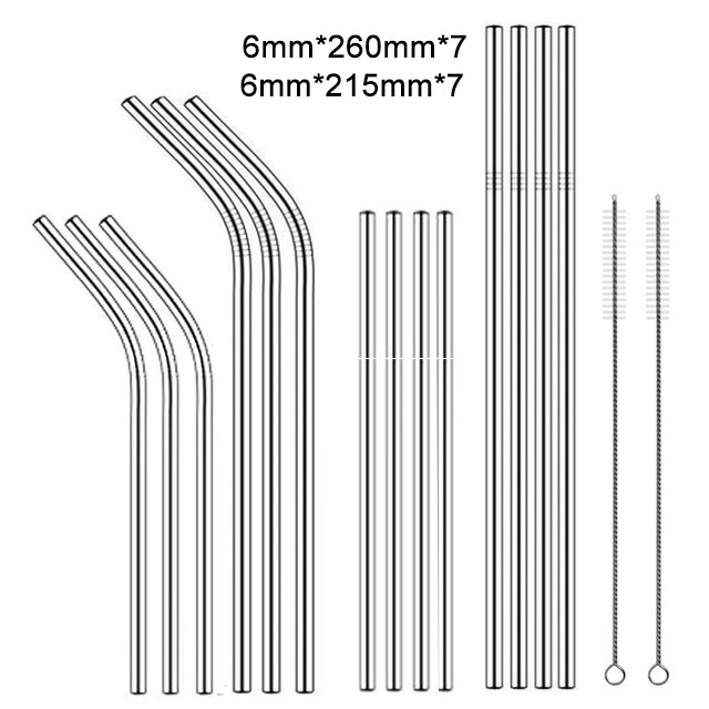 Paille métallique réutilisable 260x6mm, en acier inoxydable 304 de avec brosse de nettoyage pour tasses 20/30oz,: Pack14-2Brush