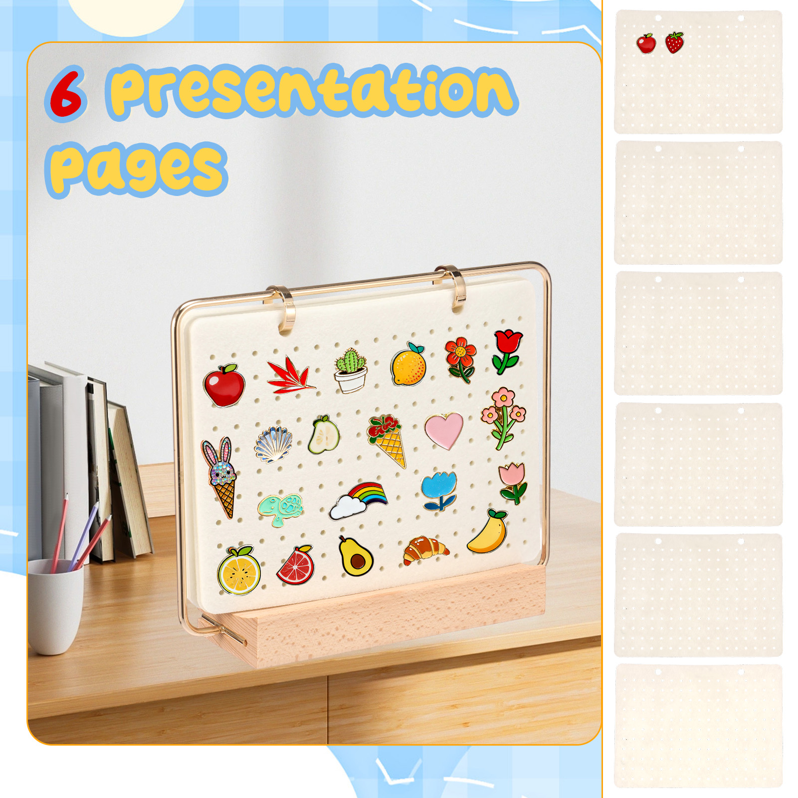 Pin Display Organizers Earring Hair Clip Flip-style Storage Holder Brooch Badge Collection Calendar Wooden Stand with 6 Pages